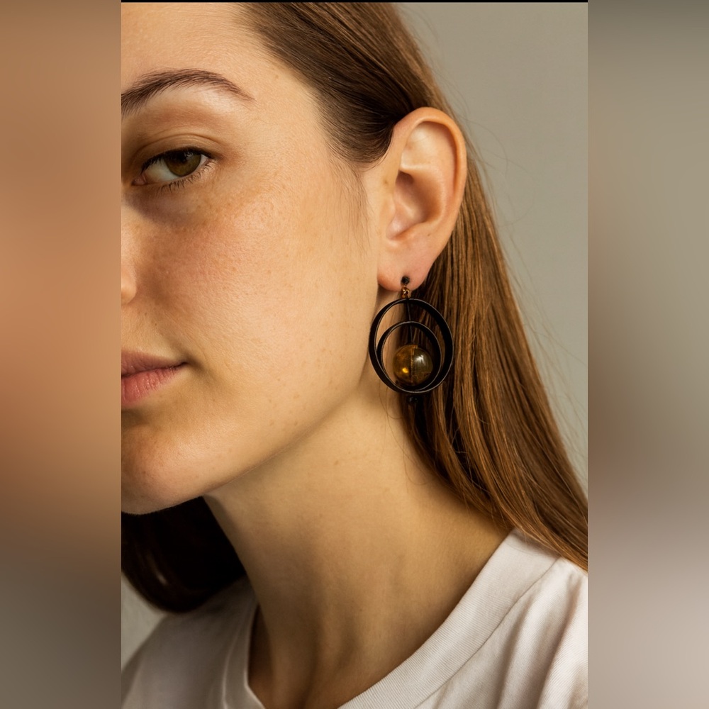 Modern Black and amber blown glass Orbital Earrings